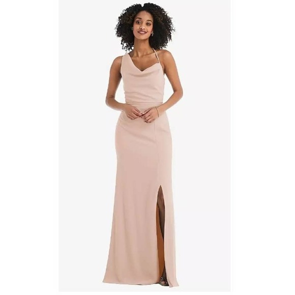NWT After Six One Shoulder With Strap Cowl-Neck Crepe Maxi Dress Cameo Size 12 - Picture 2 of 12